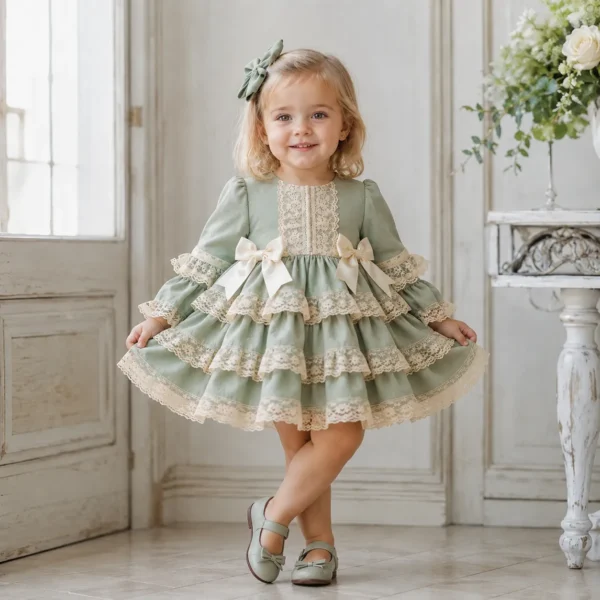Vestido de niña Esther verde empolvado con volantes, encaje y lazos marfil