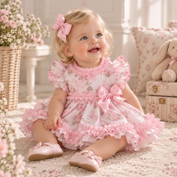 Bebé con vestido Lina de plumeti y rosas, vista delantera