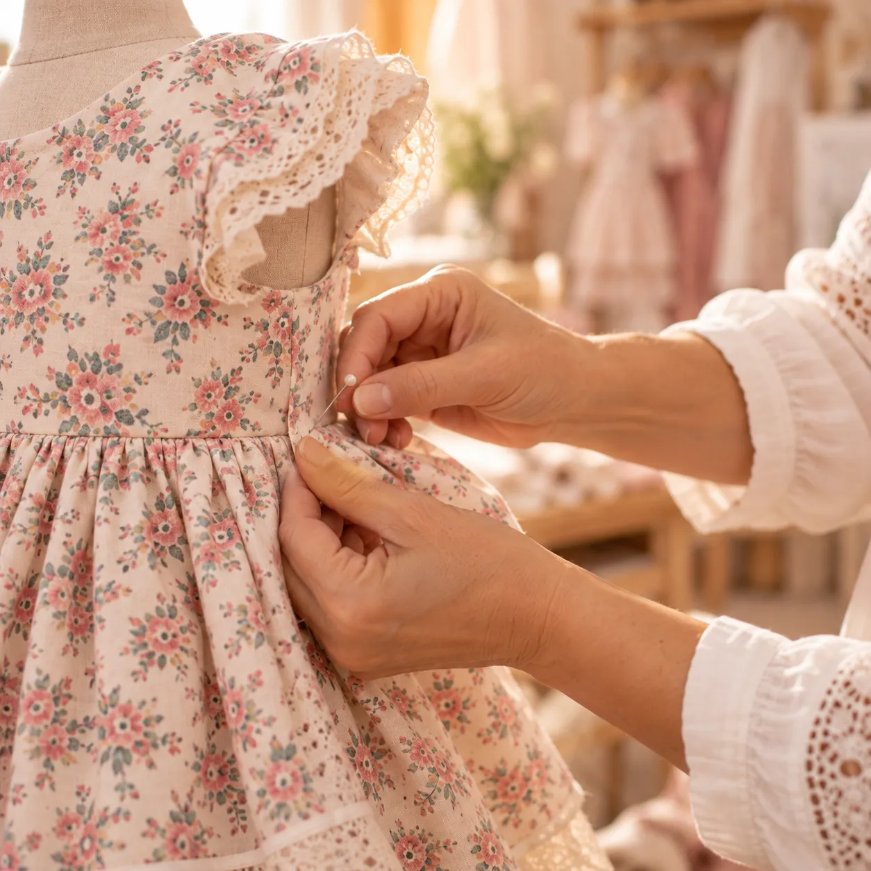 Ajuste artesanal de un vestido infantil durante el proceso de diseño