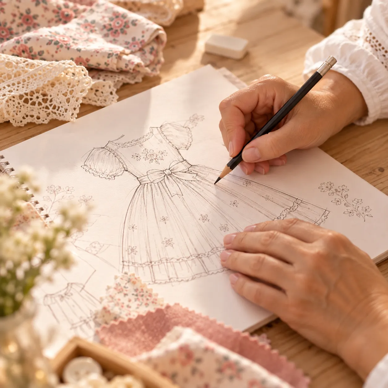Boceto de vestido de niña entre telas y encajes