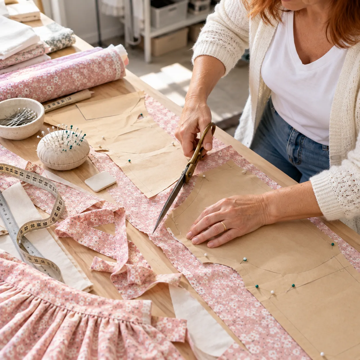 Corte de tejido para vestidos de niña en el taller de byMargaBermúdez