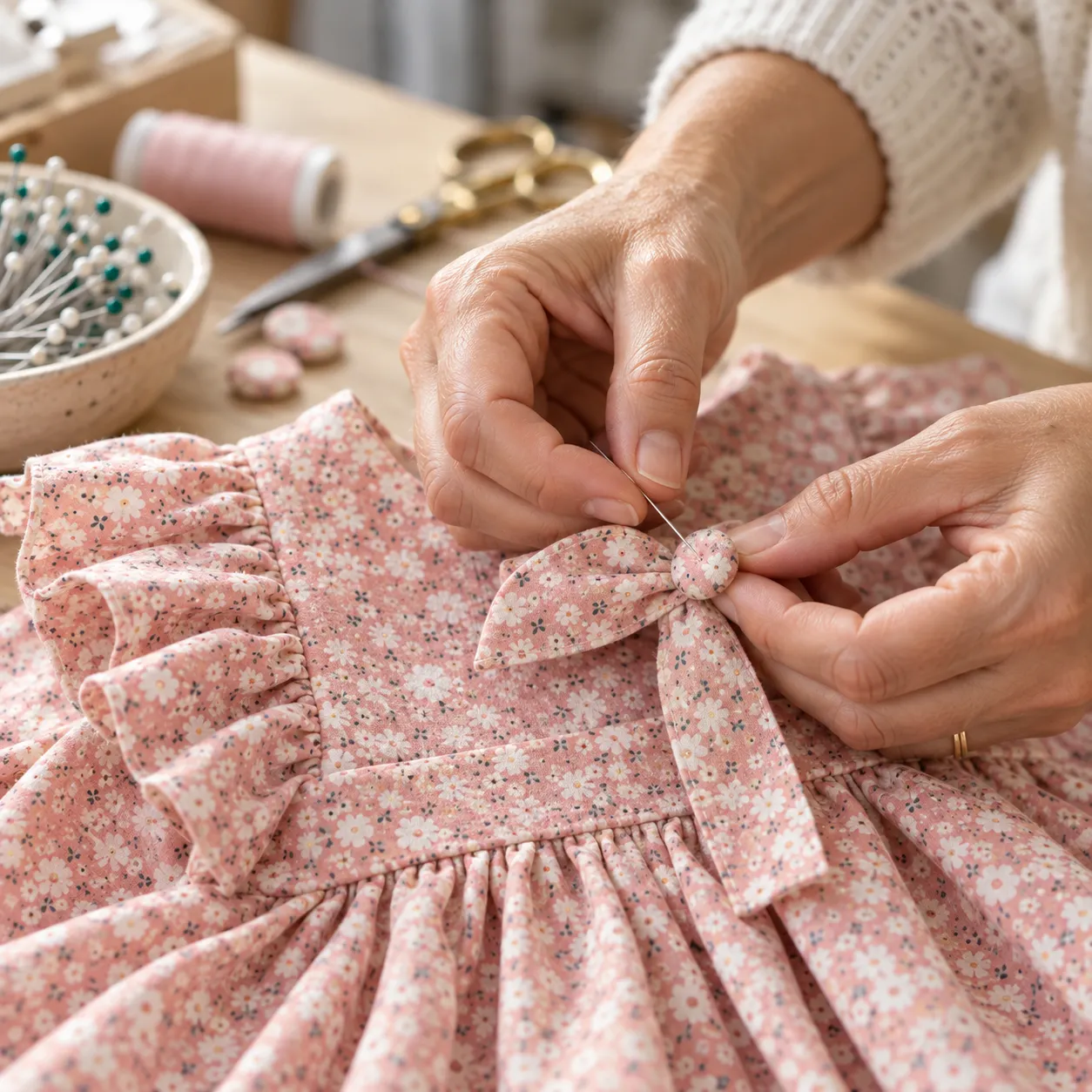 Acabados a mano de un vestido floral de niña