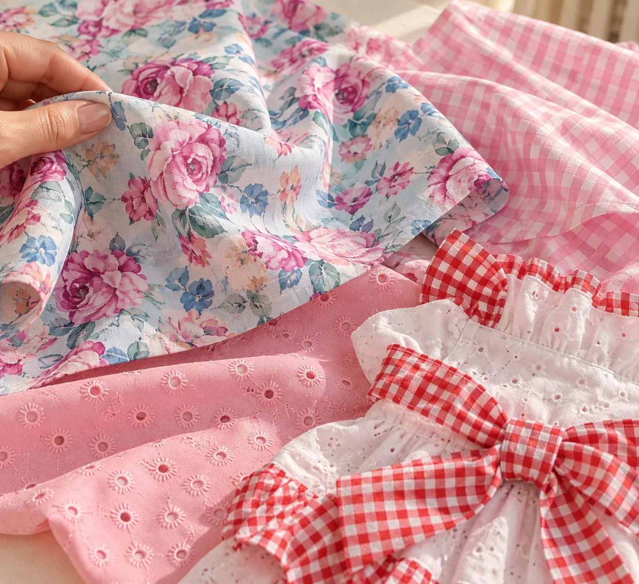 Muestrario de tejidos florales, cuadros y rayas para moda infantil
