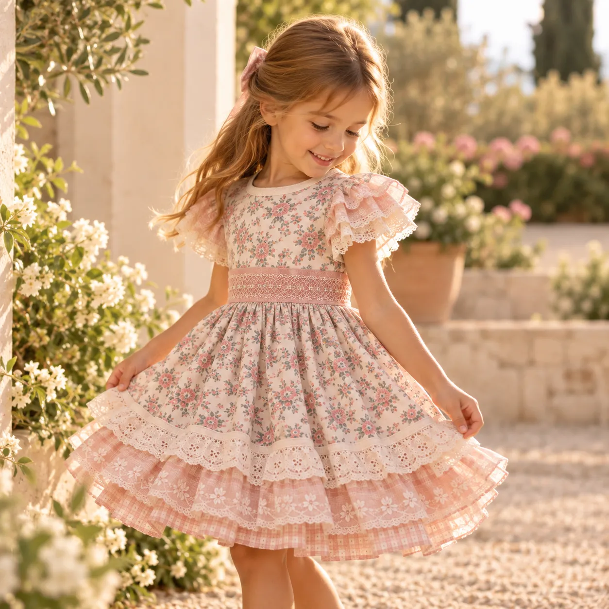 Niña con vestido byMargaBermúdez en un jardín mediterráneo