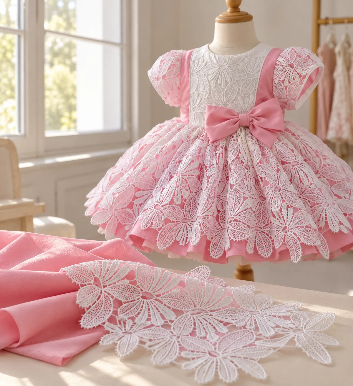 Detalle de calidad de un vestido infantil de encaje en el atelier byMargaBermúdez