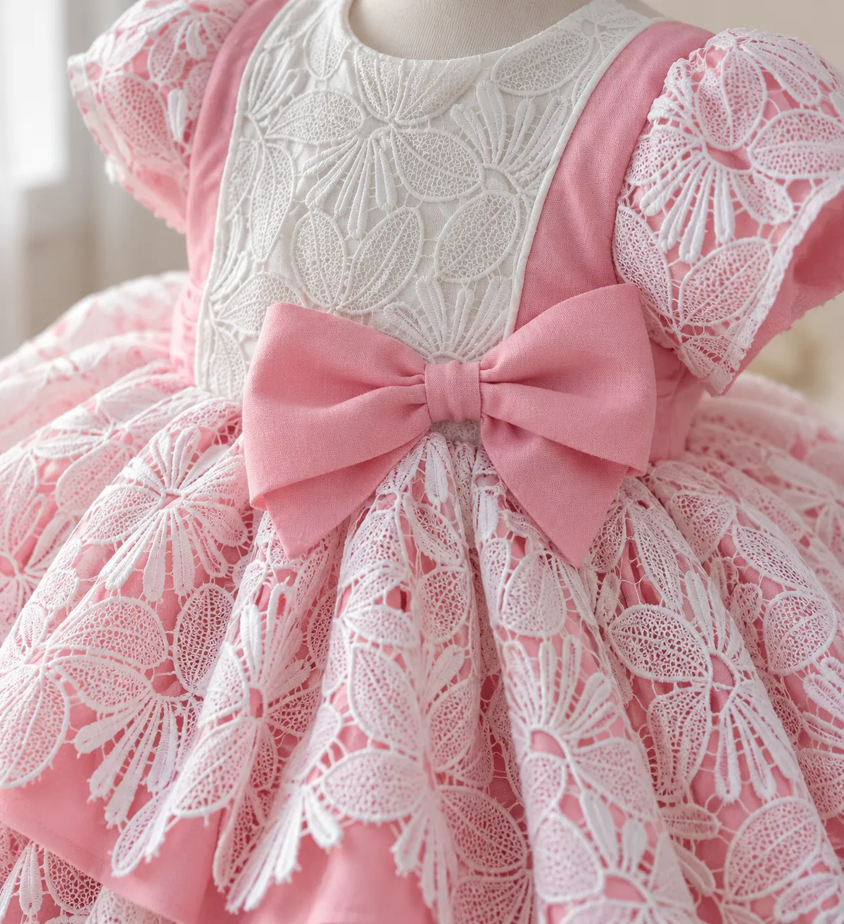 Vestido infantil rosa con encaje floral terminado en el atelier byMargaBermúdez