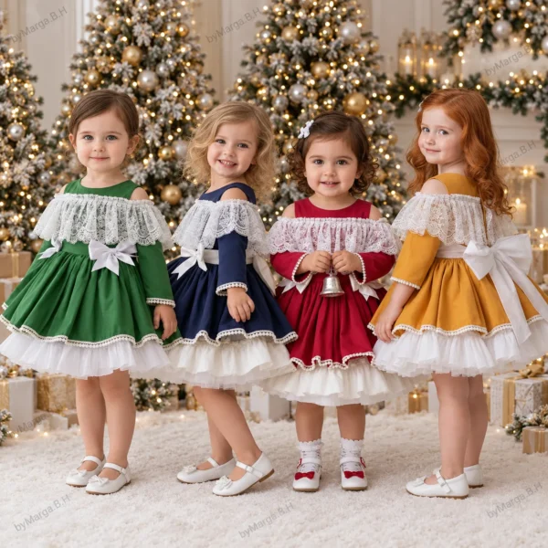 Cuatro niñas con vestidos Aurora en verde, azul marino, burdeos y mostaza frente a árboles de Navidad iluminados.